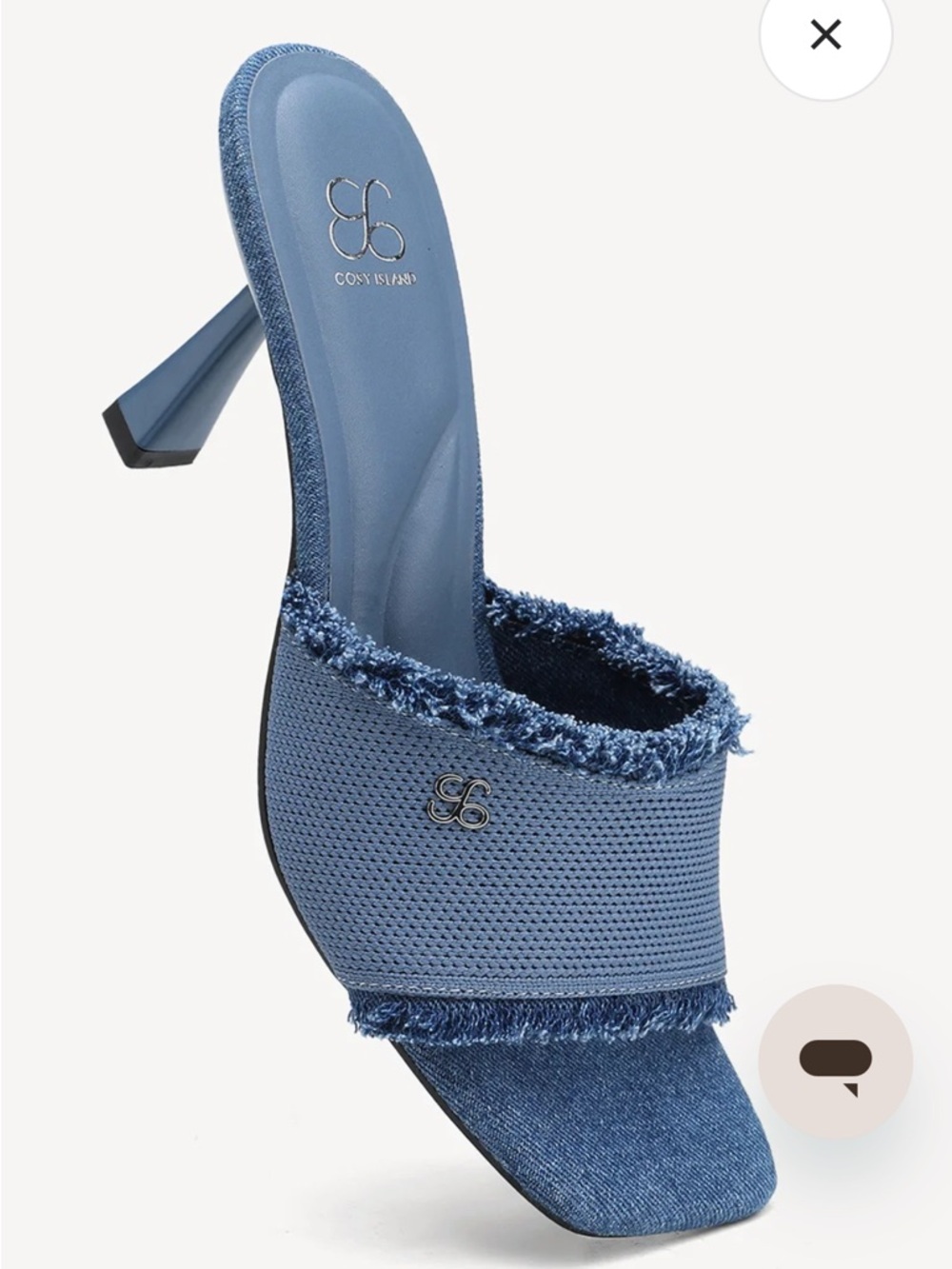 Denim Blue Frayed Slide Sandal with Logo Accent